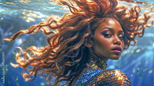 Surreal portrait of young African woman with colorful creative iridescent make-up on face with multi-colored scales, swimming under water of the ocean. Fantastic beauty photography.