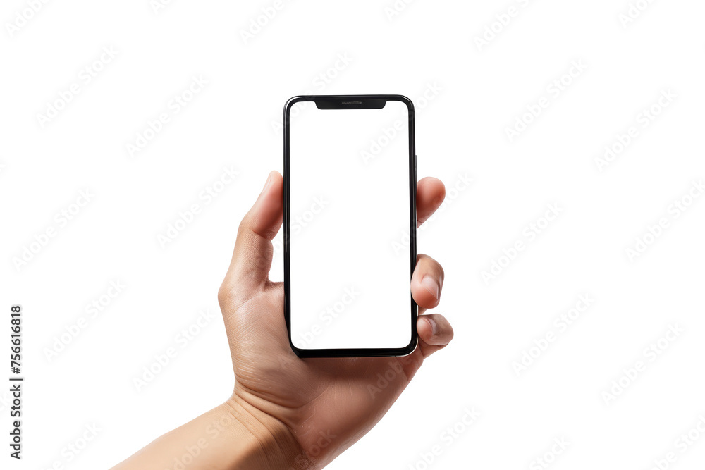 Close up hand holding holding black mobile phone with blank white ...