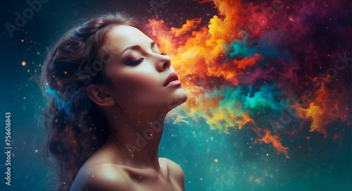 Fantasy Abstract Stunning Double Exposure Portrait of a Woman with Colorful Digital Paint Splash or Space Nebula