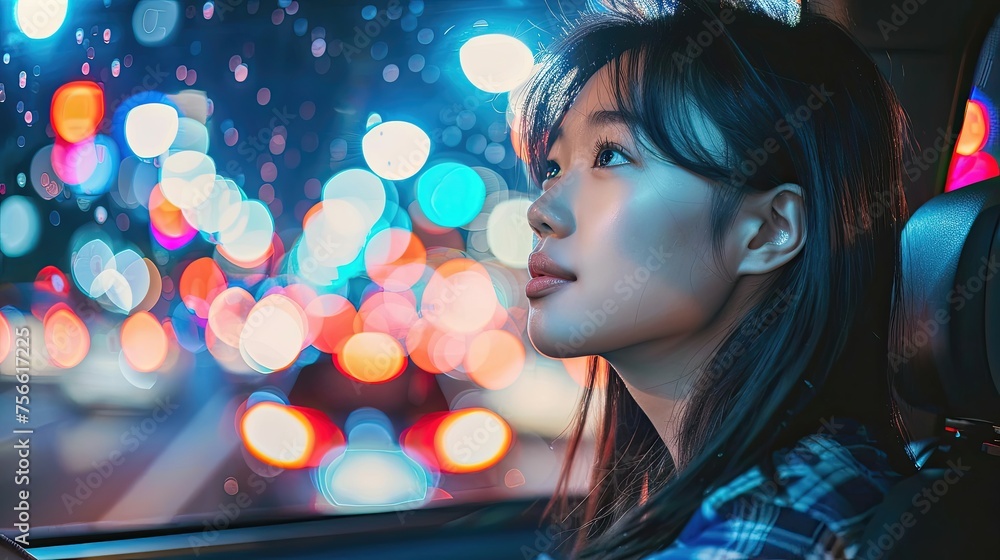 Young woman in car at night with colorful city lights.