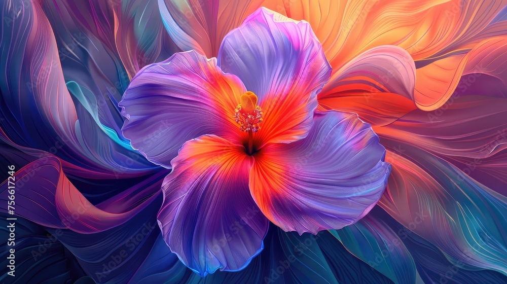 Digital art of a purple and orange hibiscus with flowing petals.