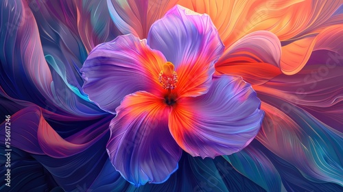 Digital art of a purple and orange hibiscus with flowing petals.