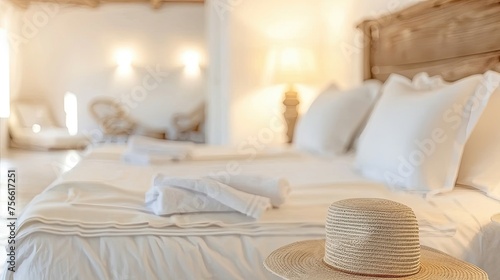 Inviting hotel room with a straw hat on the bed.