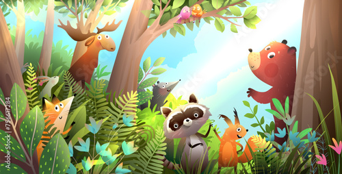 Cute forest animals among trees in woods, panorama landscape scenery for kids. Happy animals characters in nature, cartoon wallpaper. Vector hand drawn illustration in watercolor style for children. © Popmarleo