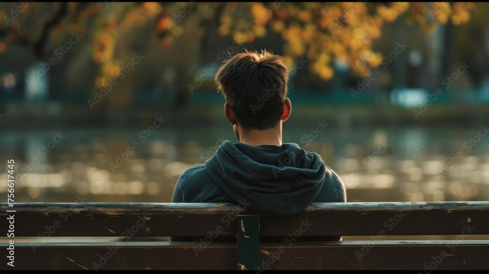Young man sitting on a bench in the park and looking into the distance - obrazy, fototapety, plakaty 