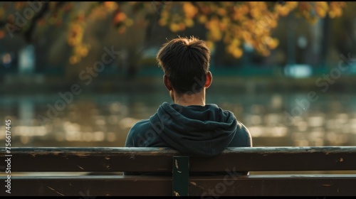 Young man sitting on a bench in the park and looking into the distance photo