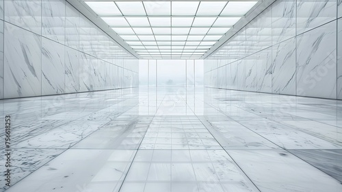 Minimalist white marble hallway with overhead lighting.