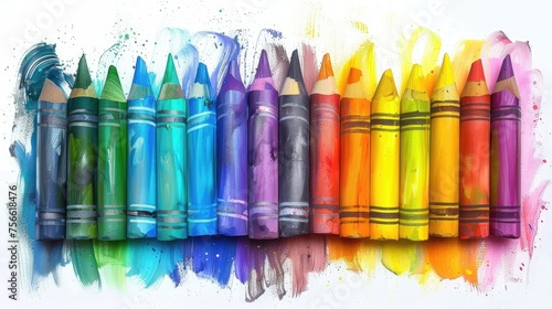 Crayons with paint splashes creating a vibrant artistic display.