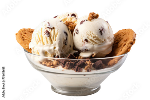 Yogurt ice cream with chocolate chips, cookies and peanut butter served with an ice cream cone. Isolated on a transparent background.