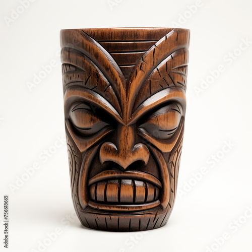 Tiki cup mug face wooden white background