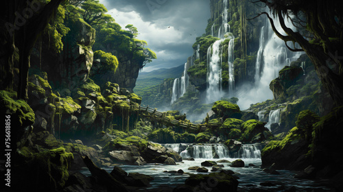 A hidden waterfall cascading down moss-covered rocks in a secluded forest oasis.