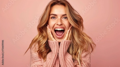 Excited young woman in pink knitwear, hands on face.