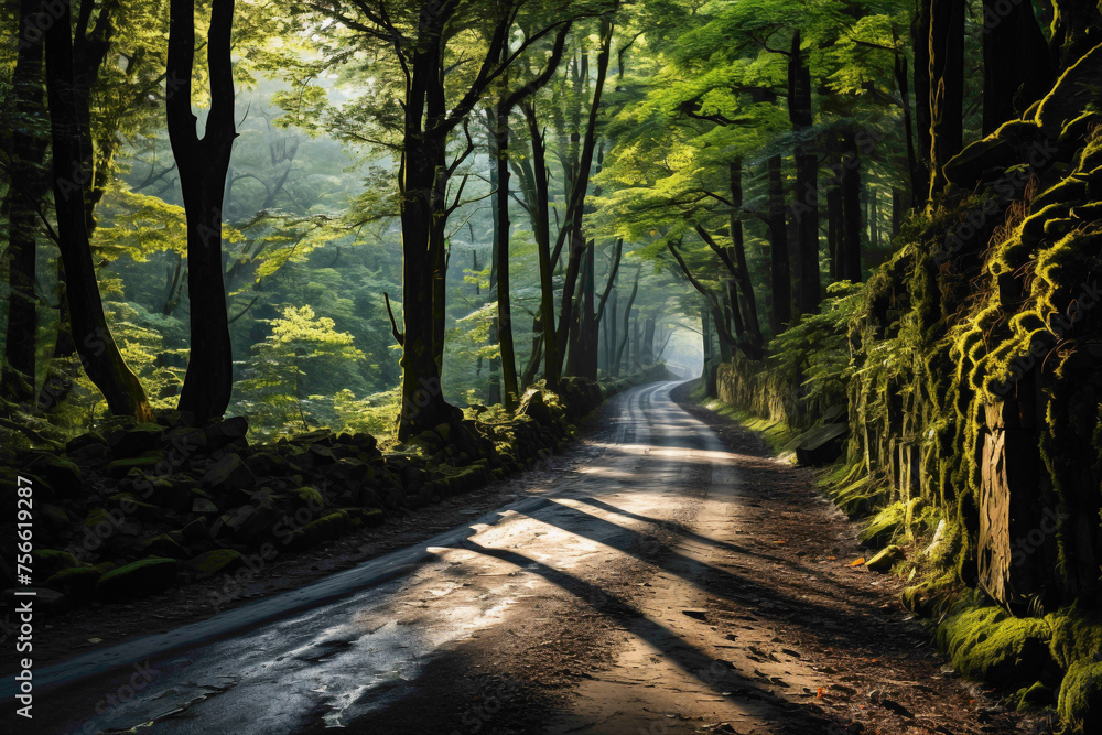 A mesmerizing road winding through a dense forest, sunlight filtering through the leaves, creating a play of shadows on the asphalt.