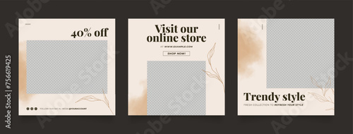 Social media template banner blog fashion sale promotion. fully editable instagram and facebook square post frame puzzle organic sale poster. brown beige vector background