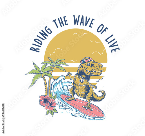 Dino Surfing Riding the wave of sea vector illustration