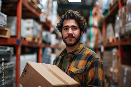 A man is holding a cardboard box in a warehouse. He has a beard and a mustache. The warehouse is full of boxes and shelves. Photo of a man holding a box in a warehouse