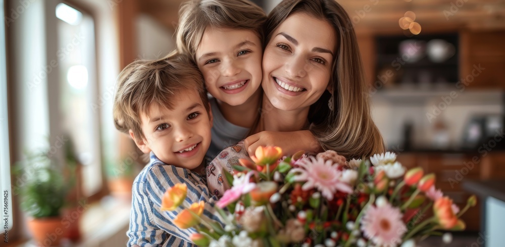 Child congratuletes mom and gives her flowers. Happy mothers day. Mom and children smiling and hugging. Family holiday and togetherness