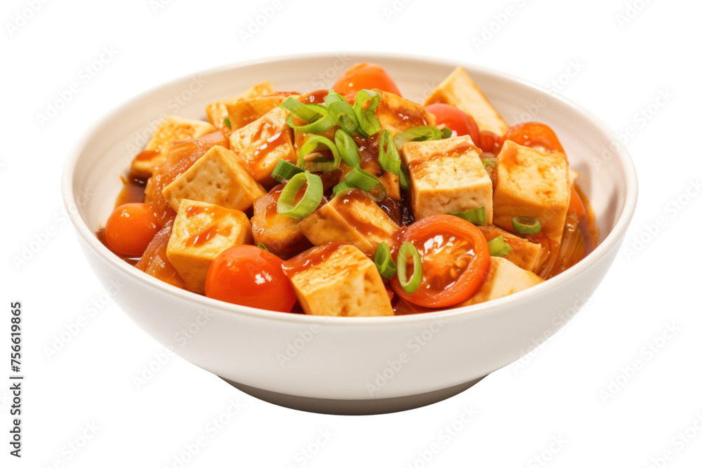 Tofu stir-fried with vegetables such as tomatoes, carrots and onions, topped with soup and served in a warm bowl. Focus on mellowness Isolated on a transparent background. Tofu stir-fried with vegetables such as tomatoes, carrots and onions, topped with soup and served in a warm bowl. Focus on mellowness Isolated on a transparent background.