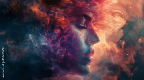 A mesmerizing artwork of a human profile and a horse's head composed of swirling cosmic smoke in warm hues, evoking a sense of dreamlike connection.