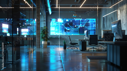 A futuristic office space illuminated by the soft glow of interactive digital displays  fostering innovation and collaboration. 8K -