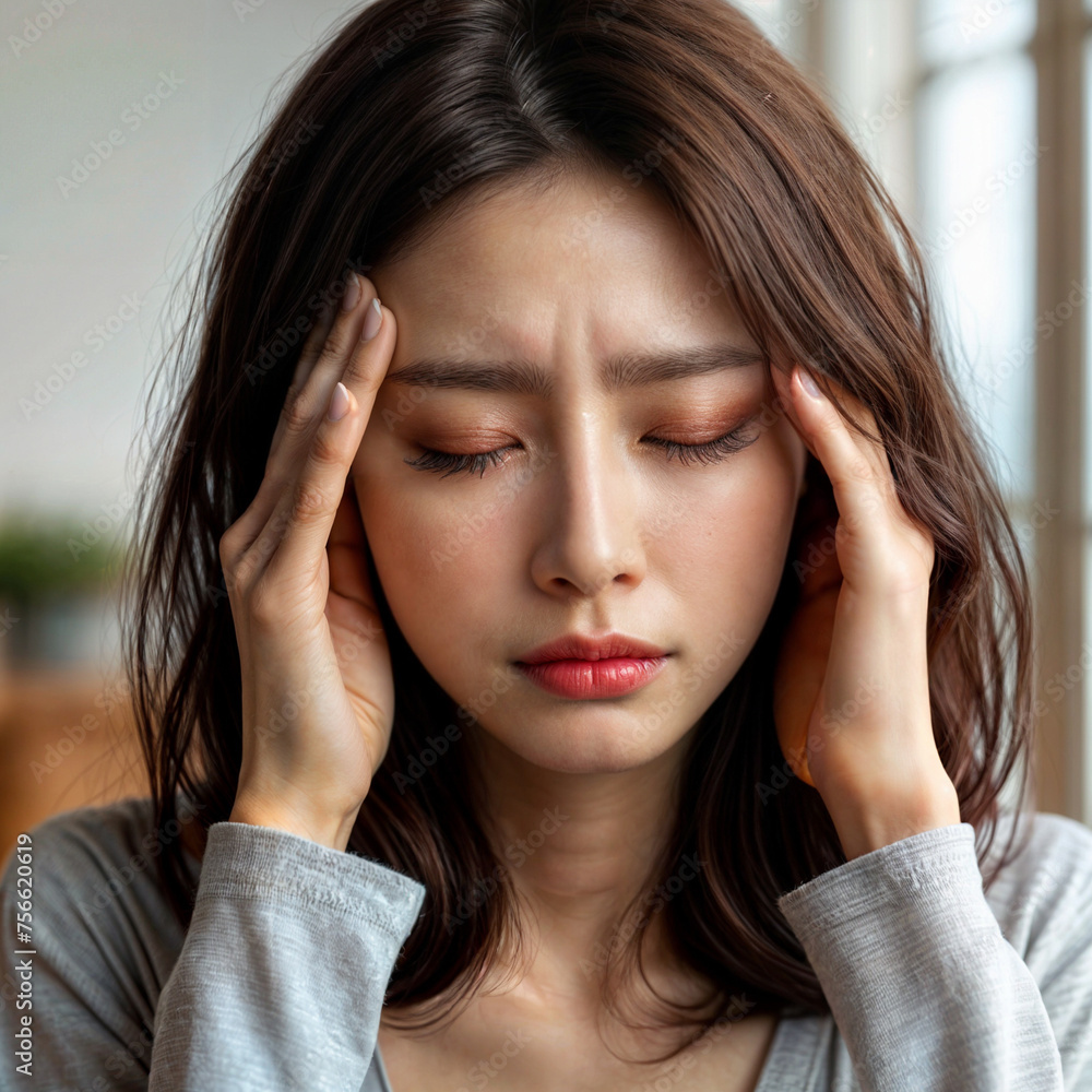 스트레스 신경성 두통으로 머리에 손을 올리고 있는 여자 스트레스 신경성 두통으로 머리에 손을 올리고 있는 여자