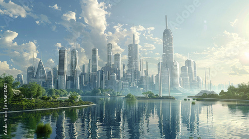 A futuristic skyline dotted with energy-efficient buildings equipped with advanced climate control systems and smart grids 