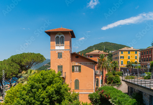 Cityscape with an Italian villa in the resort town of Camogli. Coast of the Ligurian Sea, Italy.
