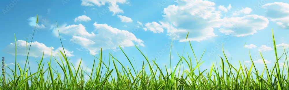 Fototapeta premium Grassy Field With Blue Sky and Clouds