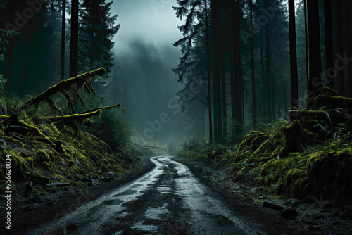 A mysterious road disappearing into a dense foggy forest, with trees shrouded in mist, creating an ethereal and mysterious ambiance.