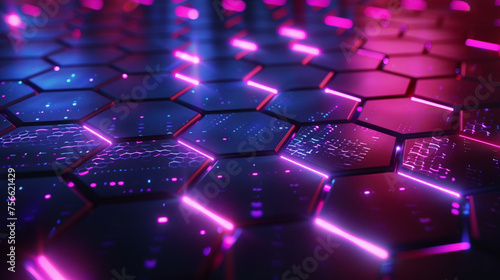 A high-tech digital hexagon abstract background, illuminated with vibrant bursts of neon colors against a sleek black canvas, exuding a sense of futuristic elegance. 8K -