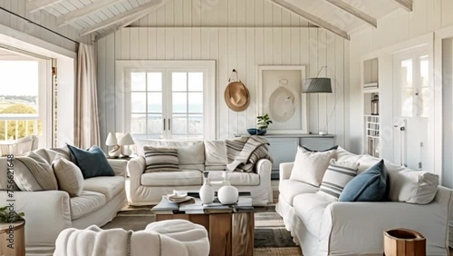 Coastal cottage sitting room, white living room interior design and country house home decor, sofa and lounge furniture, English countryside style photo