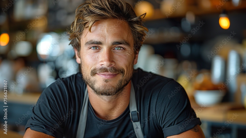 Portrait of Startup successful small business owner in coffee shop.handsome man barista cafe owner Portrait of Startup successful small business owner in coffee shop.handsome man barista cafe owner