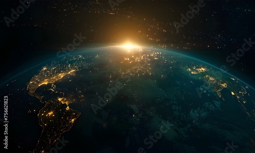 Earth planet in outer space, City lights on planet, World, galaxy, Life of people, Solar system element. © FyfaMetarial