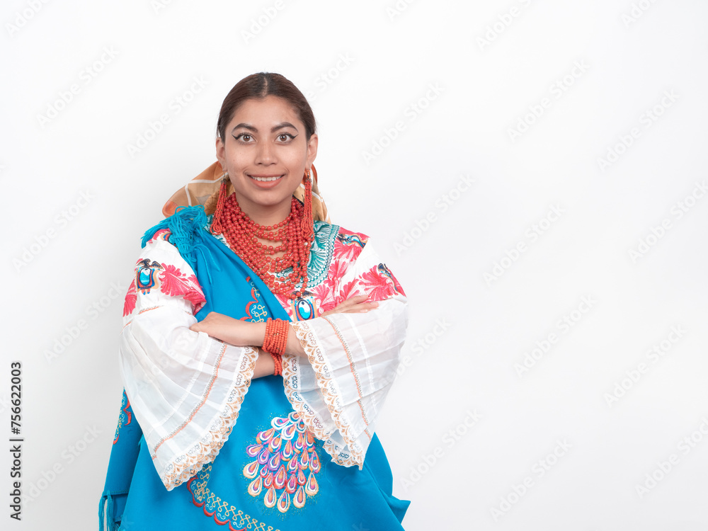 beautiful indigenous woman from Ecuador smiling and with her arms crossed on white background with copy space beautiful indigenous woman from Ecuador smiling and with her arms crossed on white background with copy space