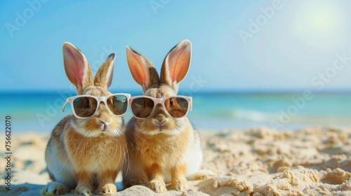 two cute Easter bunnies on vacation by beach coast © neirfy