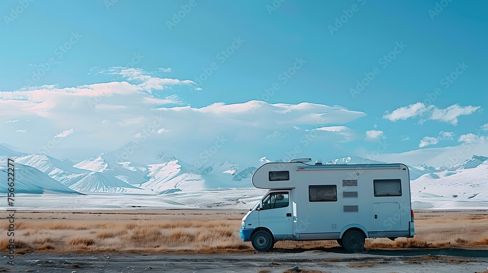 Travel adventure in a camper van, exploring scenic mountains. road trip in a home on wheels with blue sky overhead. freedom of mobile lifestyle. AI Travel adventure in a camper van, exploring scenic mountains. road trip in a home on wheels with blue sky overhead. freedom of mobile lifestyle. AI