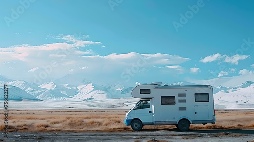 Travel adventure in a camper van, exploring scenic mountains. road trip in a home on wheels with blue sky overhead. freedom of mobile lifestyle. AI
