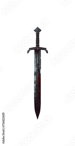Fantasy Gothic medieval fantasy long sword. With dents, worn, cracked and weathered. Isolated transparent background PNG file. Sharp blade tip. Old relic. 