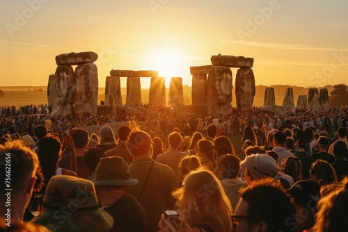 A mesmerizing scene unfolds at Stonehenge as a crowd of people gathers to witness the sunset against the ancient stones.