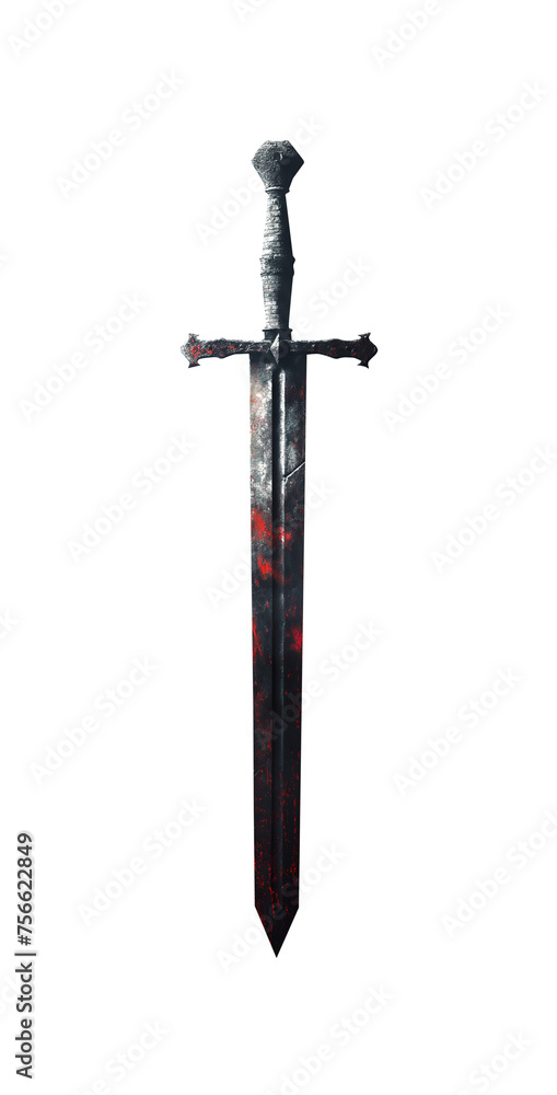 Fantasy Gothic medieval fantasy long sword. With dents, worn, cracked and weathered. Isolated transparent background PNG file. Sharp blade tip. Bloody blade. Fantasy Gothic medieval fantasy long sword. With dents, worn, cracked and weathered. Isolated transparent background PNG file. Sharp blade tip. Bloody blade.