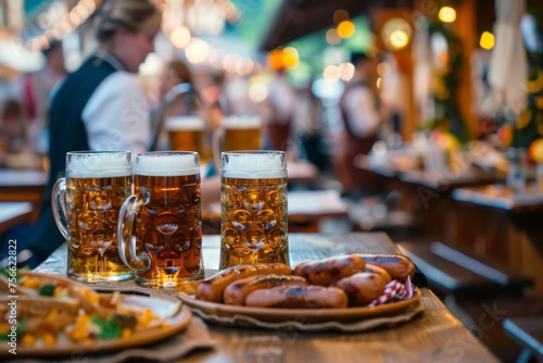 A table adorned with an assortment of delicious dishes and two mugs filled with frothy beer, creating a vibrant and lively Oktoberfest atmosphere.