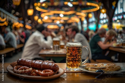 A glass of beer and delectable sausages sit invitingly on a rustic table, evoking the spirit of Oktoberfest celebrations.