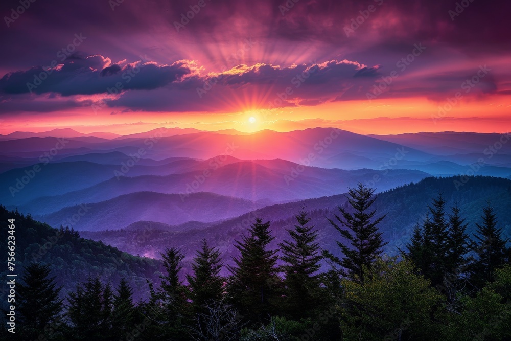 Fototapeta premium Sun Setting Over Mountain Range