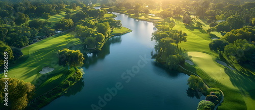 Sunset on a tranquil beach with palm trees and calm waves, golf course aerial wide view © SJarkCube