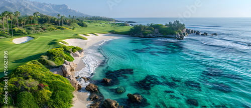 Sunset on a tranquil beach with palm trees and calm waves, golf course aerial wide view photo