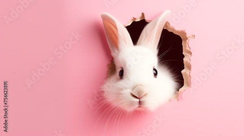 Cute bunny peeking out of a hole in pink wall background, happy easter concept © Nuchylee