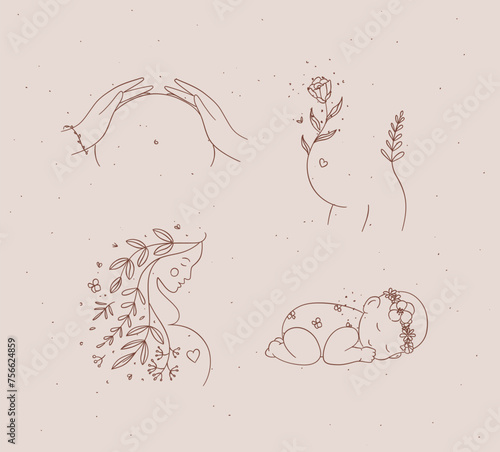 Obraz na płótnie Pregnancy symbols female torso, silhouette of a pregnant woman, sleeping child drawing in floral hand-drawing style on with brown beige background w salonie