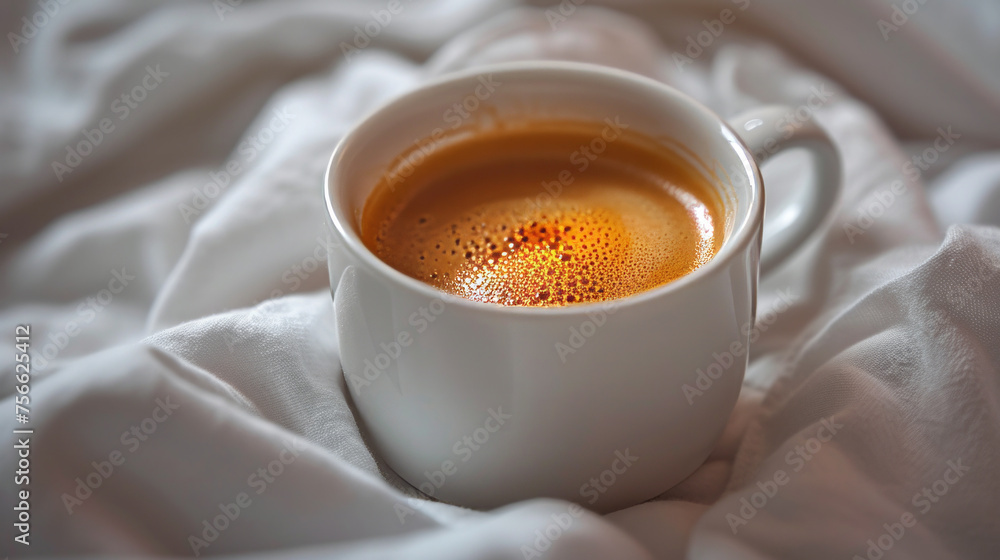 Espresso coffee in a white cup in bedding Espresso coffee in a white cup in bedding