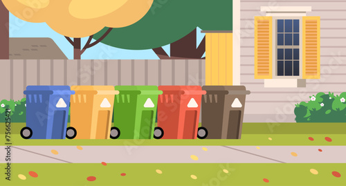 Multicolor trash cans in house backyard. Separation recycle concept flat illustration