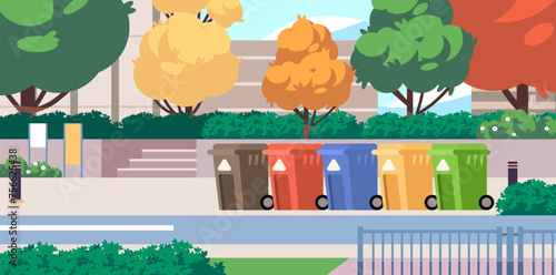 Recycle bins on the modern street. Garbage sorting concept flat illustration